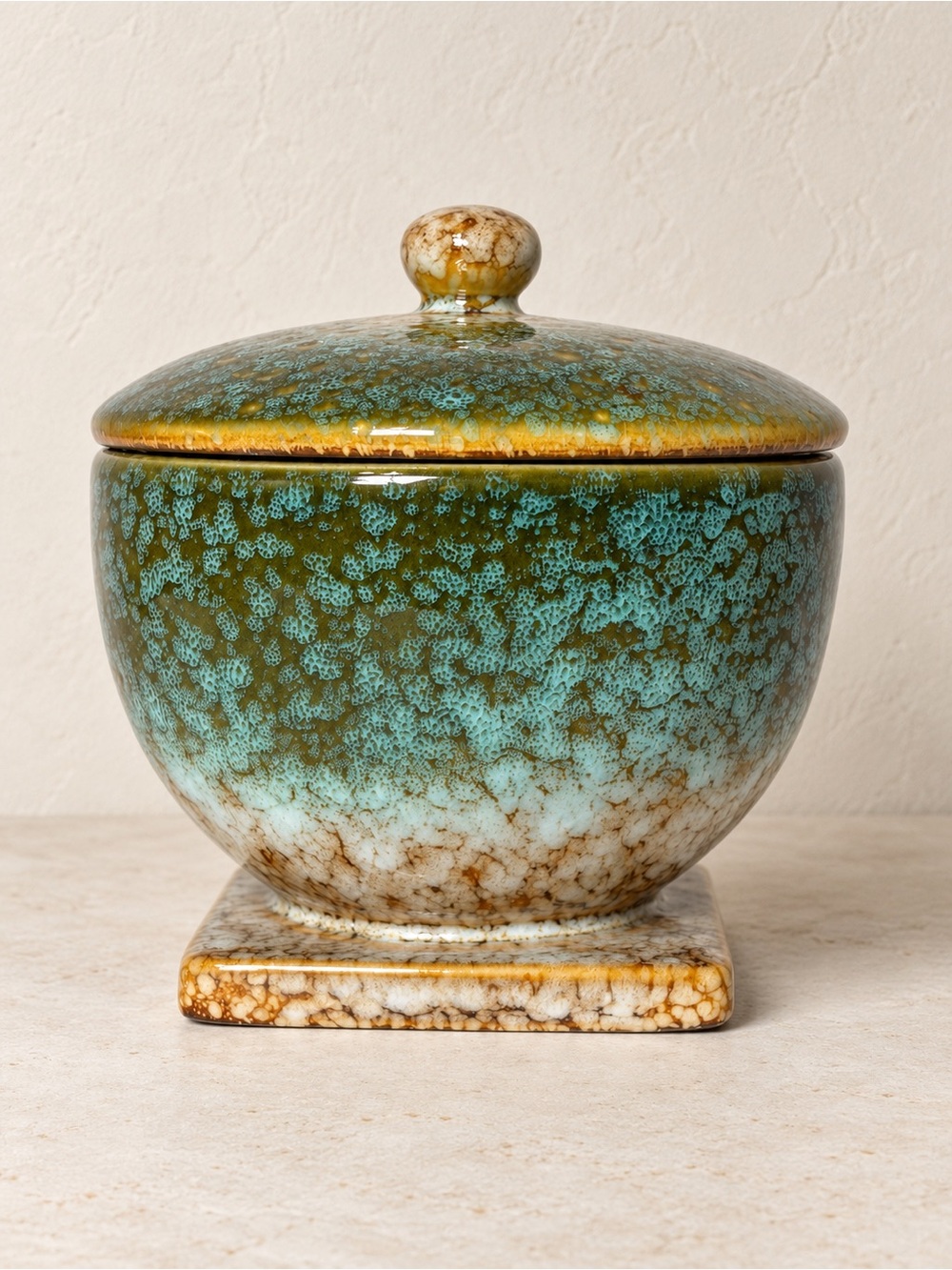 Vintage Lidded Ceramic Jar Turquoise Brown Glaze | 70s Pottery Decor